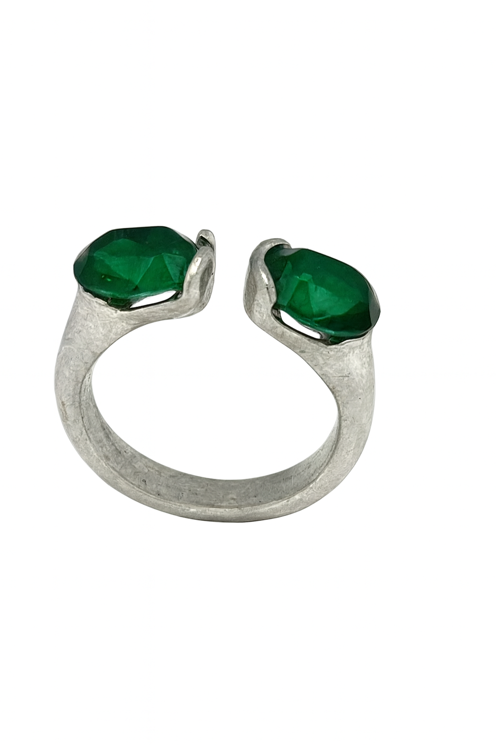 Anel duplo cristal aberto aliança prata 10µ SW esmeralda