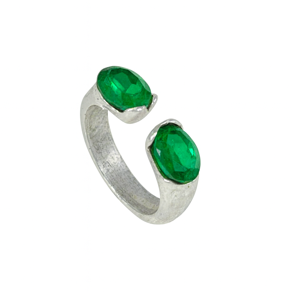 Anel duplo cristal aberto aliança prata 10µ SW esmeralda
