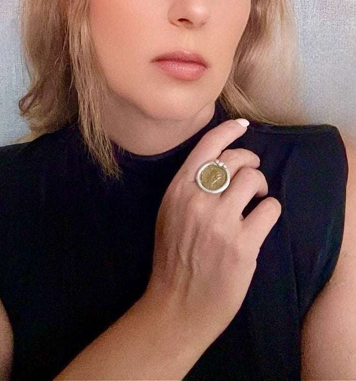Anel moeda mix vintage prata banhado 10µ e dourado-latão