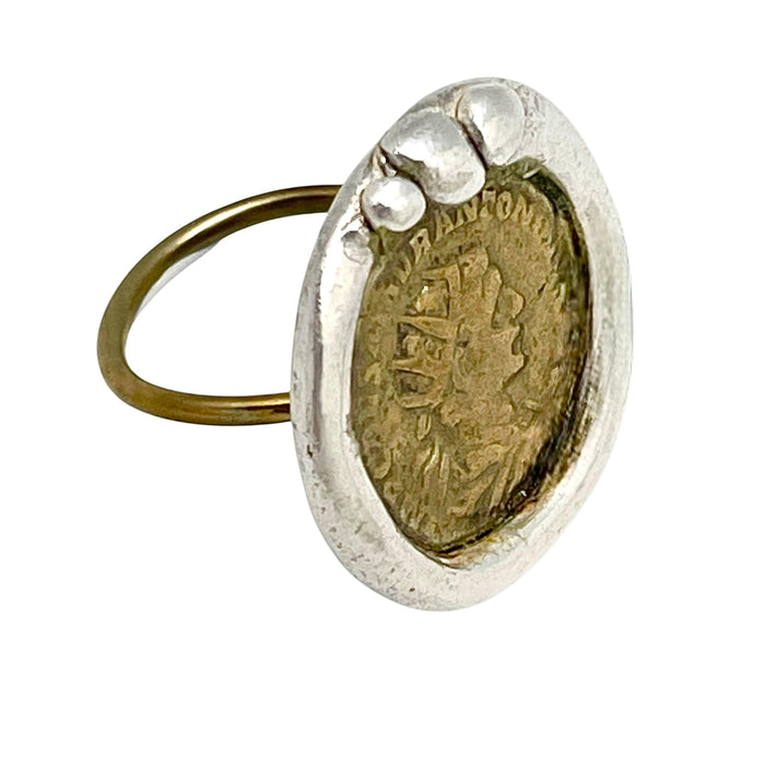 Anel moeda mix vintage prata banhado 10µ e dourado-latão